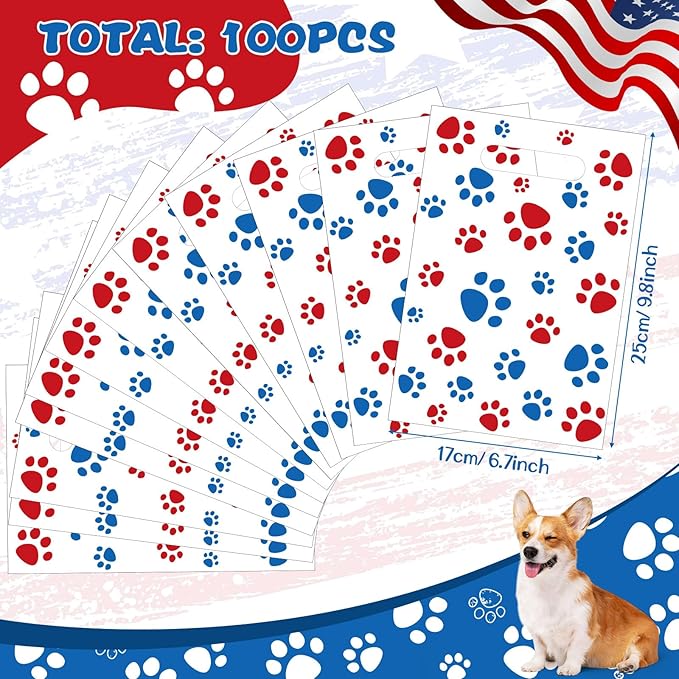 Pasimy 100 Pcs Dog Paw Gift Bags Bulk Pet Paw Puppy Plastic Treat Favor Candy Goodie Bags with Handle for Dog Birthday Party Decoration Supplies (Red White and Blue)
