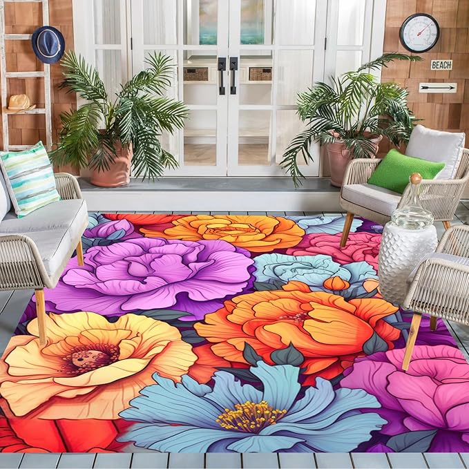 Easy Clean Floral Outdoor Rug 9x12 Yellow Purple Machine Washable Area Rugs for Patio Balcony Camping Pool Garden Non Slip Waterproof Outside Carpet Vibrant Low Pile Porch Mat