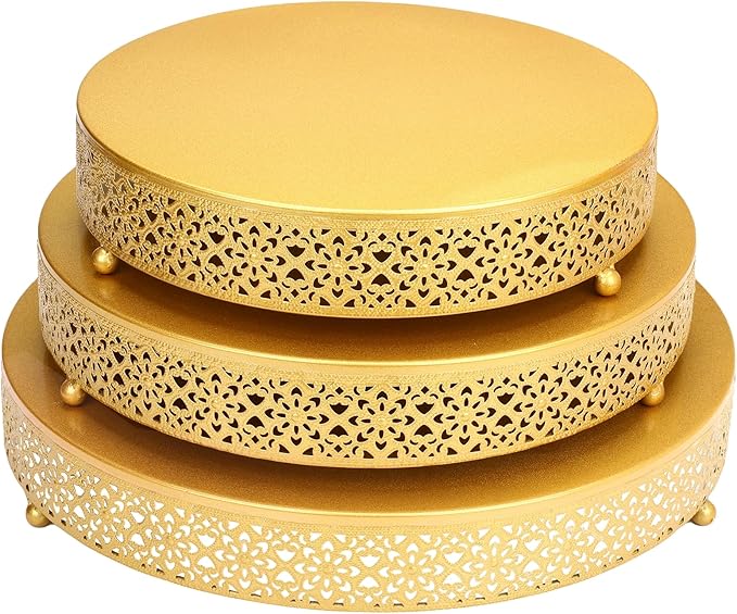 3 Piece Cake Stands Set 16'' 14'' 12'' Round Metal Cake Stands Cupcake Stand Riser Pastry Candy Display Plate for Dessert Table Wedding Event Birthday Anniversary Party (Gold)