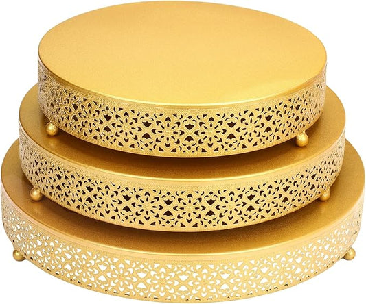 3 Piece Cake Stands Set 16'' 14'' 12'' Round Metal Cake Stands Cupcake Stand Riser Pastry Candy Display Plate for Dessert Table Wedding Event Birthday Anniversary Party (Gold)