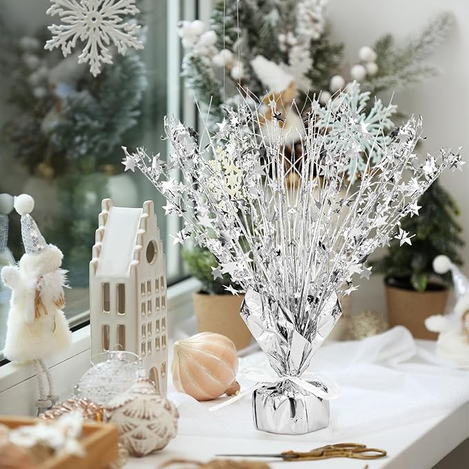 Crowye 18 Pcs Foil Spray Centerpiece Table Decoration Party Star Burst Metallic Graduation Table Centerpieces for Spring Party Birthday Season Wedding Holiday(Silver)