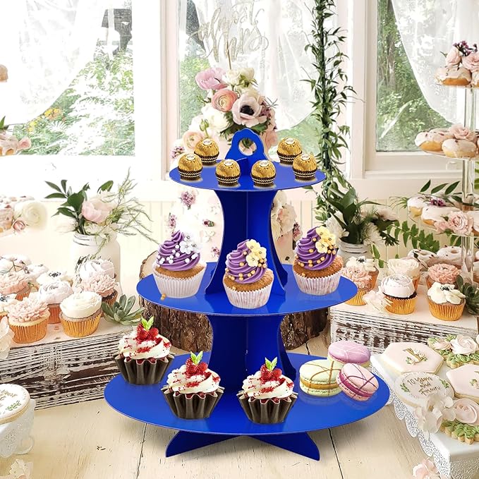 Soleebee 3-Tier Round Cupcake Stand, Cardboard Cupcake Tower, Dessert Cup Cake Stand Tower for Birthday Wedding Party Decoration, Cupcake Tier Stand 2 Set (Dark Blue)