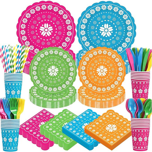 450 Pcs Fiesta Tableware Set Decorations Mexican Party Paper Plates Colorful Papel Picado Disposable Napkins Cups Cutlery Straws for Cinco De Mayo Taco Carnival Birthday Supplies, Serves 50