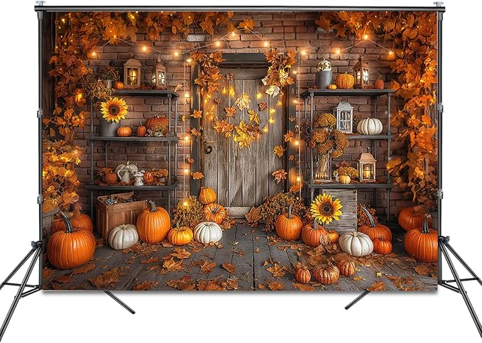 Mocsicka Fall Pumpkin Photography Backdrop Autumn Harvest Barn Background Party Decorations Maple Leaves Rustic Wooden Door Photo Booth Props (Orange, 10x7ft(120"x82"))