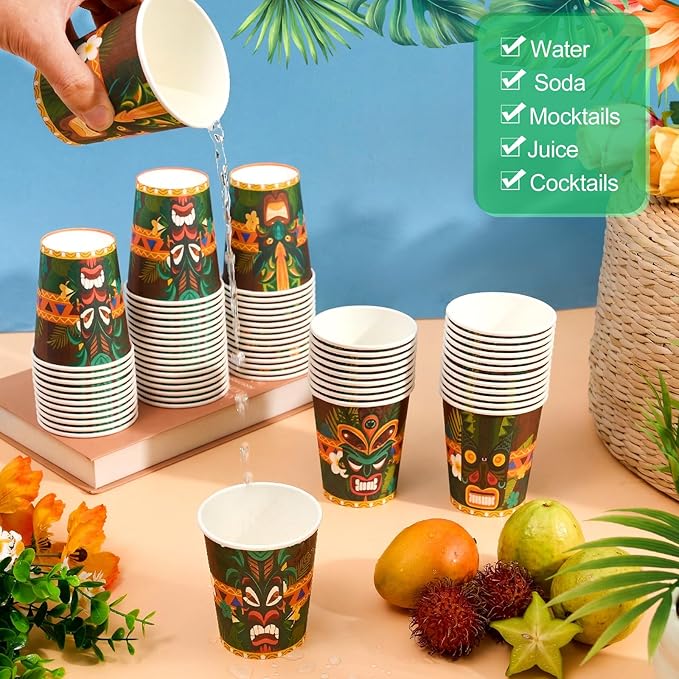 50 Pcs Tiki Cups 9 oz Disposable Tiki Bar Cups Bulk Vintage Paper Hawaiian Luau Party Decorations for Kids Adults Beach Summer Swimming Pool Tropical Aloha Drinking Supplies