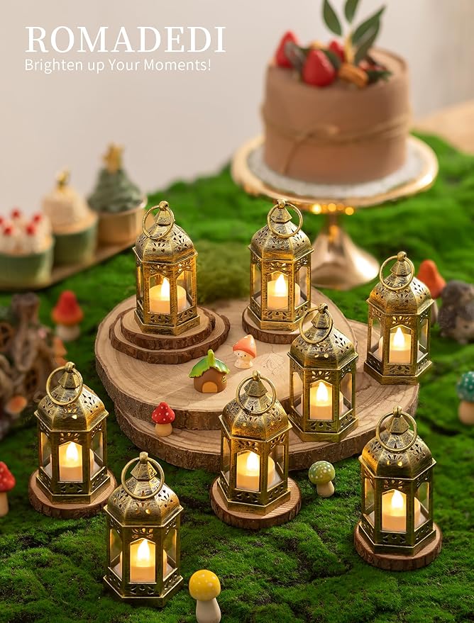 Romadedi Decorative Mini Lanterns for Centerpieces - Set of 10 Gold Vintage Small Candle Lantern Bulk with Remote for Wedding Table Decor Party Ramadan Christmas Halloween, Batteries Included
