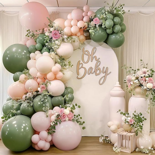Pink and Green Neutral Balloon Arch Kit, Pink White Green Balloon Garland with Mixed Size Sage Green Pastel Pink Sand White Light Orange Balloons for Wedding Birthday Party Bridal Shower Decorations