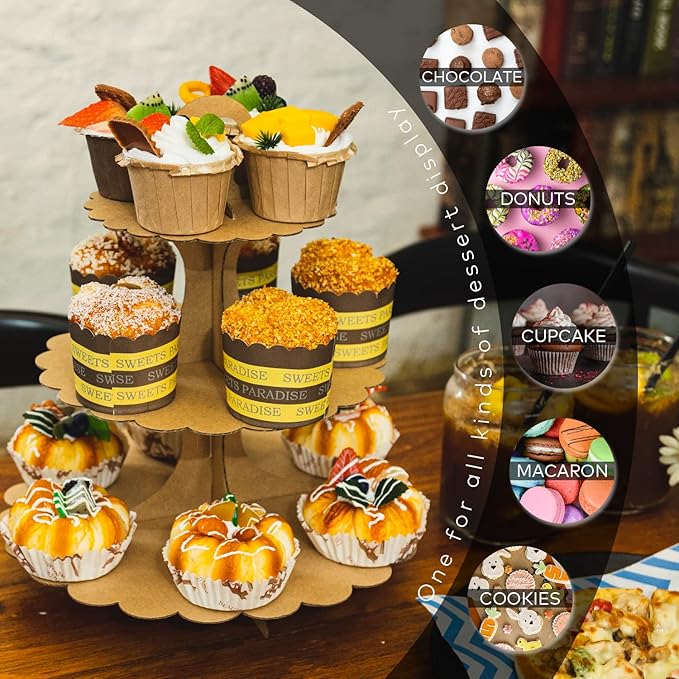3-Tier Brown Cupcake Stand, Vintage Kraft Paper Dessert Display Tower, Rustic Party Serveware for Wedding Birthday Baby Shower (2-Pack) ﻿