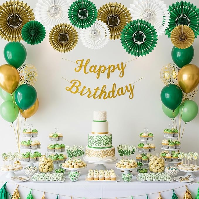 BEISHIDA Green Gold White Tissue Hanging Honeycomb Round Paper Fans Decoration Set for Birthday Graduation Baby Shower Bachelorette Wedding Backdrops St. Patrick’s Day Party Supplies(11 Packs)