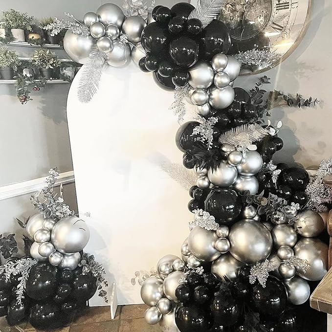 Black and Silver Balloons Garland Arch Kit, Black Silver Balloons for Birthday, Wedding, Graduation, Anniversary Decorations