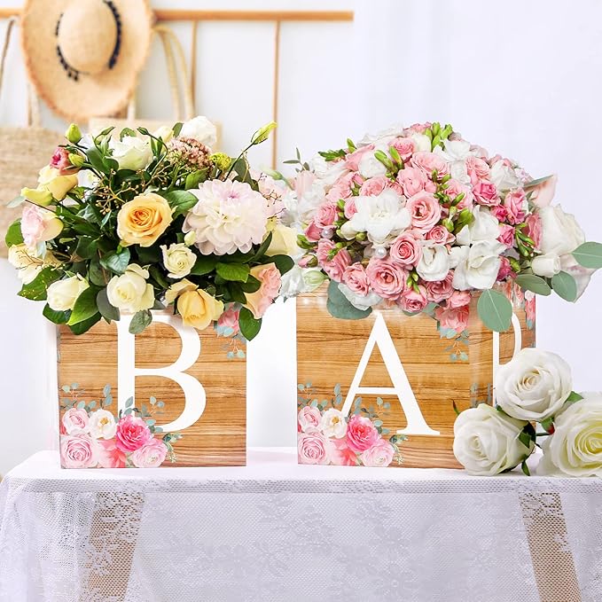 Bucherry 6 Pcs Baby Shower Centerpieces with Letters, 7" Baby Blocks Flower Boxes for Table Decorations, Gender Reveal Party Supplies & Photo Props(Wooden Color,Rustic Floral)