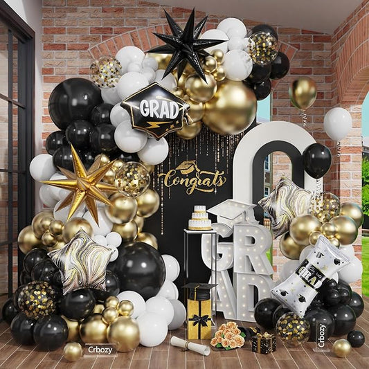 131Pcs Graduation Balloon Garland Arch Kit, Black Gold Confetti Balloons with Explosion Star Graduation Cap Foil Balloons for 2026 Class Graduation Prom Party Decorations
