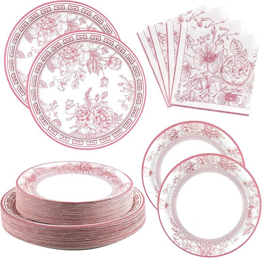 180PCS Pink White Floral Party Supplies Serve 60, Pink Flower Paper Plates and Napkins Kit for Bridal Baby Shower Wedding Tea Party Decorations, Includes Dinner and Dessert Plates, Napkins