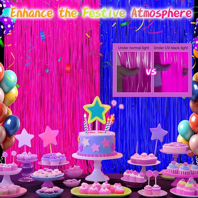 Glow in The Dark Party Supplies 2 Pack Neon Party Decorations Fluorescent Tinsel Foil Fringe Curtains Photo Booth Prop Backdrop Streamer Blacklight Decorations (Neon Hot Pink+Neon Light Blue)