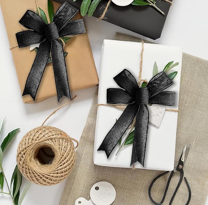 Black Burlap Ribbon 1/2 inch X 10 Yard Natural Linen Woven Ribbon DIY Handmade Edging Production Wreath Holiday Decoration Gift Ribbons for Gift Wrapping Black Jute Linen Ribbons