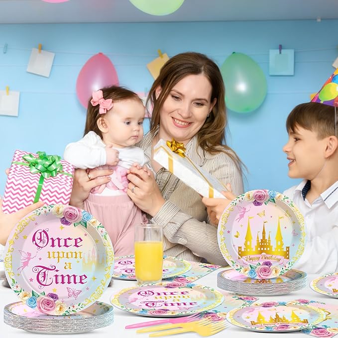 96PCS Princess 1st Birthday Party Supplies Once upon a Time Fairytale Castle Plates and Napkins Pink Princess Party Decors for Girls Pink 1st Onederland Birthday Baby Dinnerware Serves 24 Guests