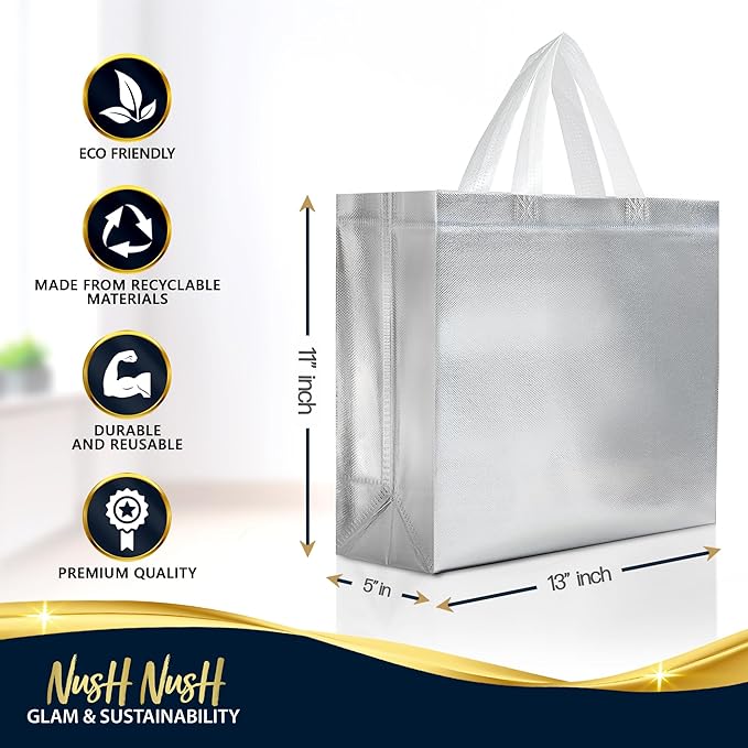 Nush Nush Silver Gift Bags Large Size – Set of 30 Reusable Silver Gift Bags With Handles- Metallic Party Favor Bag In Bulk For Small Business Use In Gifting Events, Christmas, Birthdays - 13Wx5Dx11H