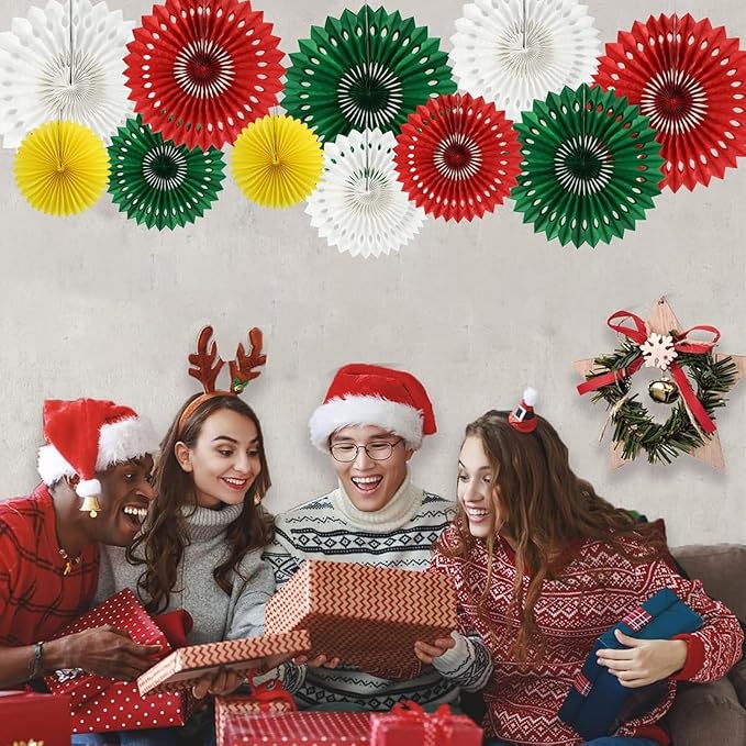 Christmas Hanging Honeycomb Round Paper Fans Decoration Winter Theme Tissue Paper Fan Garland for Shower Birthday Graduation Wedding Party Supplies 11 Count