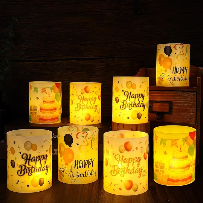 Happy Birthday Table Centerpiece Decorations, 8 Sets Birthday Centerpieces Lantern Boxes & LED Tea Lights, Flameless Votive Candle Holders for Birthday Party, Candle Shade Cover Sleeve for Home Office