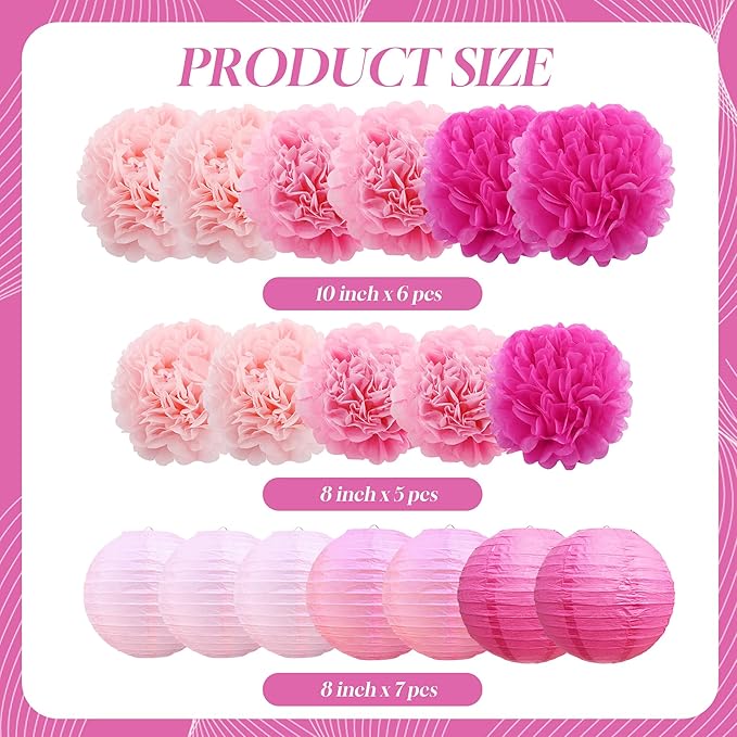 BEISHIDA Pink White Tissue Hanging Paper Flowers Lanterns Party Decorations Set for Birthday Graduation Baby Shower Bridal Bachelorette Wedding Photo Booth Backdrops Party Supplies(18 Packs)