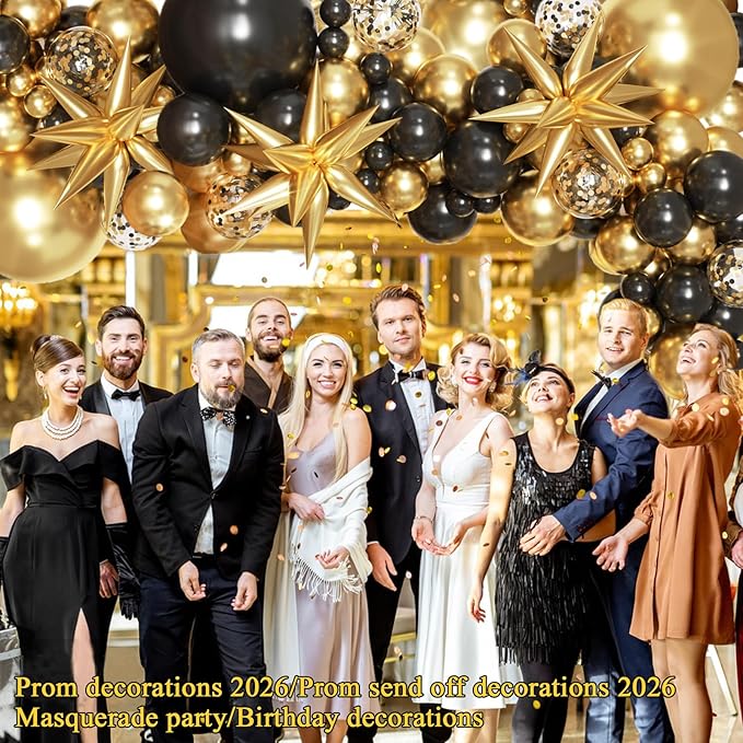 KARLURE Black and Gold Balloons Arch Kit with Black Gold Confetti Balloons for 2026 Graduation Decorations Class Grad Men Birthday Party Prom Retirement Masquerade Anniversary Party Decorations