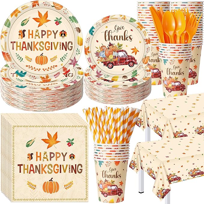 Potchen 452 Pcs Party Supplies Serve 50 Guests, Paper Plates Napkins Cups Cutlery Plastic Tablecloth Dinnerware for Birthday Wedding Party Decoration (Harvest Color, Happy Thanksgiving)