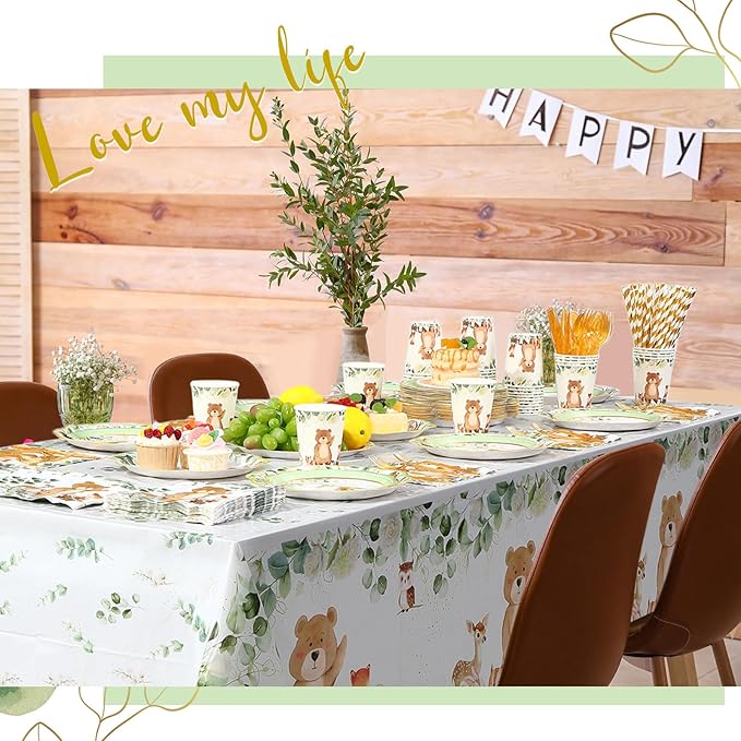Potchen 452 Pcs Party Supplies Serve 50 Guests, Paper Plates Napkins Cups Cutlery Plastic Tablecloth Dinnerware for Birthday Wedding Party Decoration (Sage Green, Woodland)
