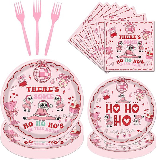 Theres Some Ho Ho Hos in This House Decorations Tableware, 96PCS Pink Friendsmas Christmas Party Paper Plates Napkins Decoration, Funny Christmas Theme Birthday Forks Decor Serve 24