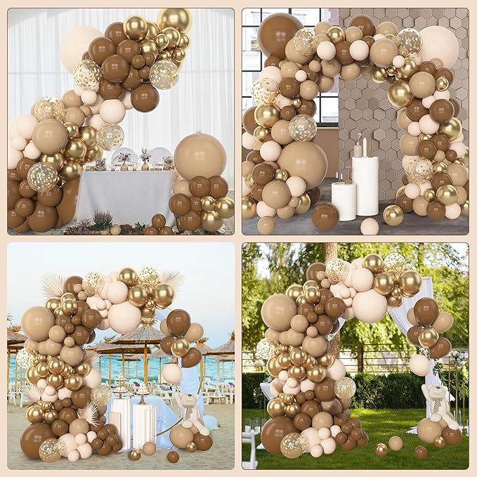 Amandir 153pcs Brown Balloon Garland Arch Kit, Different Sizes 18 12 10 5 inch Brown Nude Latex Metallic Confetti Gold Balloons for Neutral Bear Baby Shower Safari Birthday Party Decorations Supplies