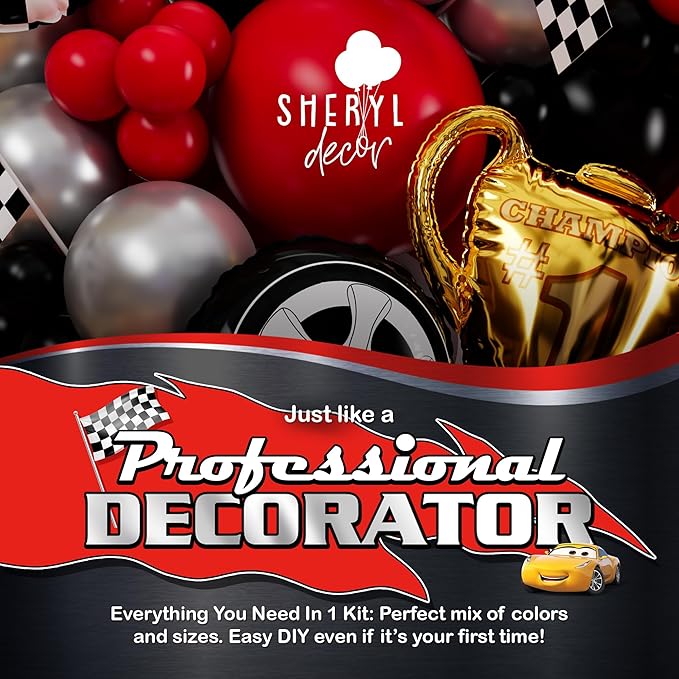 ALL-IN-1 Race Car Balloon Arch Kit with BONUS Trophy & RaceCar - Cars Balloon Garland Kit for Race Car Theme Birthday Party Supplies & Hot Wheels Balloons Race Cars Decorations