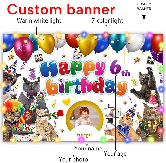 Dicodes Custom Cat Birthday Decorations,Personalization Cat Themed Birthday Party Supplies,Cat Theme Happy Birthday Banner Background, 4x6ft/5x7.5ft/6x9ft/7x10.5ft/8x12ft