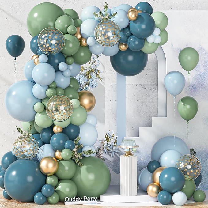 Ouddy Party 149Pcs Dusty Blue Green Pastel Blue Gold Balloon Garland Kit Different Sizes 18 12 10 5Inch, 6Pcs 18”Metallic Gold Confetti Balloons for Baby Shower Wedding Birthday Boho Party Decorations