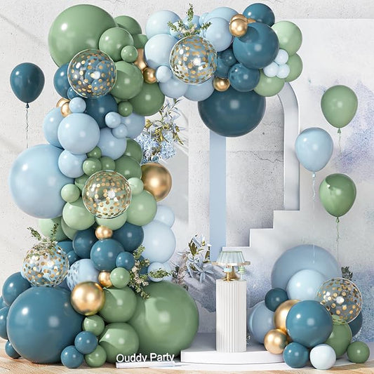 Ouddy Party 149Pcs Dusty Blue Green Pastel Blue Gold Balloon Garland Kit Different Sizes 18 12 10 5Inch, 6Pcs 18”Metallic Gold Confetti Balloons for Baby Shower Wedding Birthday Boho Party Decorations