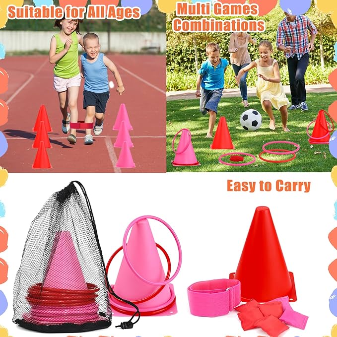 33pcs 4 in 1 Valentines Day Games for Kids with Ring Toss, Plastic Cones, Bean Bags, 3-Legged Race Bands, Carnival Valentine's Games Activity Combo Set for Kids Classroom Indoor Outdoor Party Yard