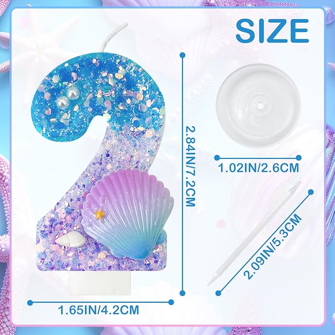 Blue and Purple Birthday Candles, 2th Birthday Cake Decoration, Cupcake Candles，Suitable for Mermaid Theme Party Cake Decoration (2)