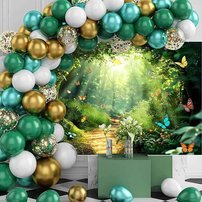 Mocsicka Enchanted Forest Banner Backdrop Fairy Magic Forest Party Decorations Banner Butterfly for Kids Girls Wonderland Background for Photography (Green, 120x96 inch)