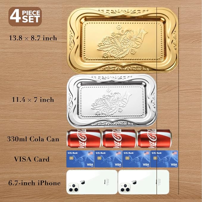 4-Pack Gold Serving Trays Set - ZENOVLUX Lightweight Bow Floral Engraved Mirror Decorative Tray, 13.8" x 8.7" Wedding Party Platters for BBQ, Food, Appetizer, Charcuterie, Cookies, Desserts