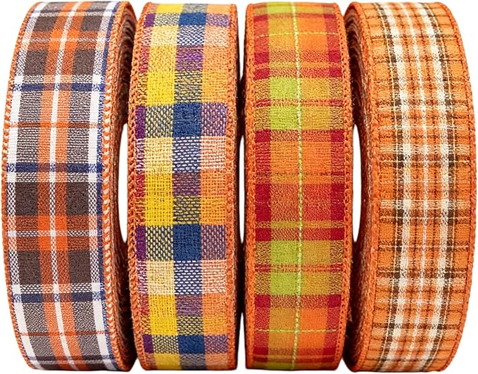 Meseey 1.5 Inch Fall Plaid Wired Ribbon Set, 4 Rolls Total 40 Yards Assorted Orange Plaid Wired Edge Ribbon for Wreaths, Bows, Gift Wrapping, Thanksgiving & Halloween Decor (FPRS001)