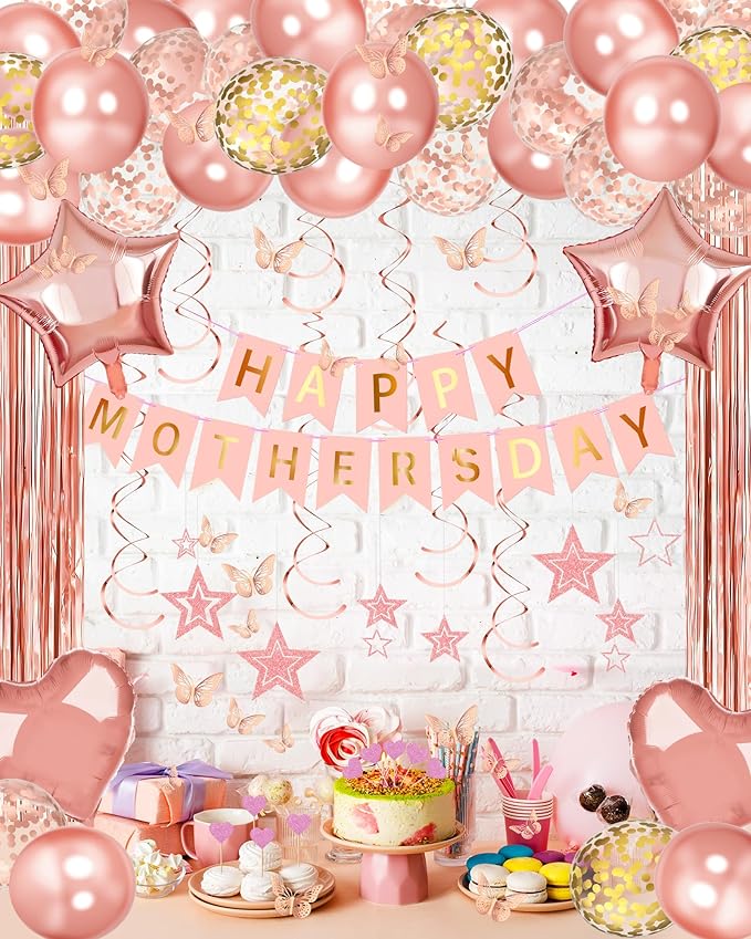 Lutoys Rose Gold Happy Mothers Day Decorations, Happy Mother’s Day Banner, Rose Gold Foil Heart Star Confetti Balloons Curtain Backdrop Hanging Swirls Party Decor for Mom Women