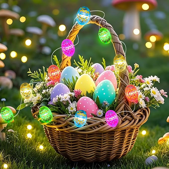 Aogist 50LED Easter Egg Fairy Lights - 16ft Super Bright 3D Egg String Light Battery Operated Decor for Indoor/Outdoor Easter Basket Spring Party Home Yard Tree Decor