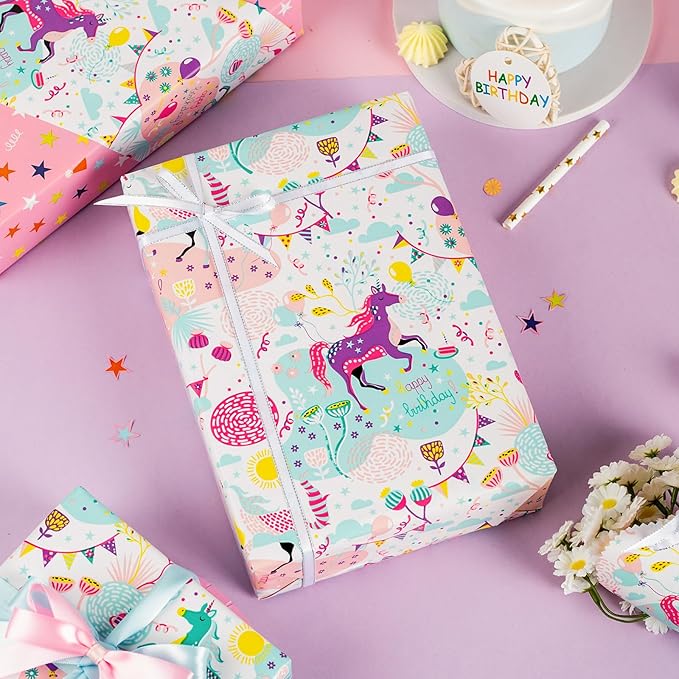 MAYPLUSS Pink Unicorn Gift Wrapping Paper - 17Inch X 33Feet - Enchanting Colorful Unicorn Gift Wrap For Children's Kid's Girl Birthday, Baby Showers, Party, Scrapbook Card Decor Book Cover