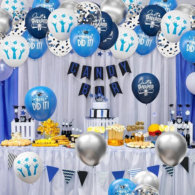 2026 Graduation Party Decorations, 70pcs Grad Balloons Blue and White Graduation Decor for College High School Class of 2026 Congrats Grad Party Decor