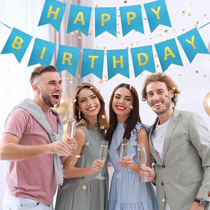 Clabby Glitter Blue Happy Birthday Banner with Shiny Letters Happy Birthday Shiny Glitter Hanging Signs Bunting for Party Supplies Hanging Backdrop Decoration