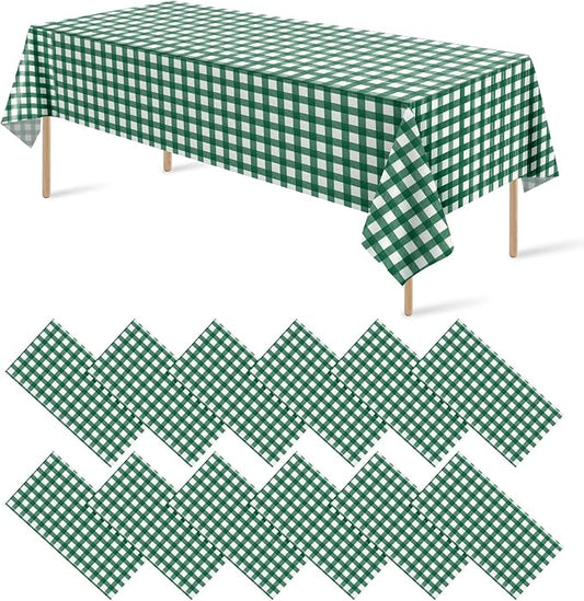 12Pack Dark Green Plastic Checkered Tablecloth, Premium Decorative Disposable Green Gingham Plaid Table Cloths for Parties, Rectangle Party Table Cover for Picnic Farm Birthday Wedding, 54x108 Inch