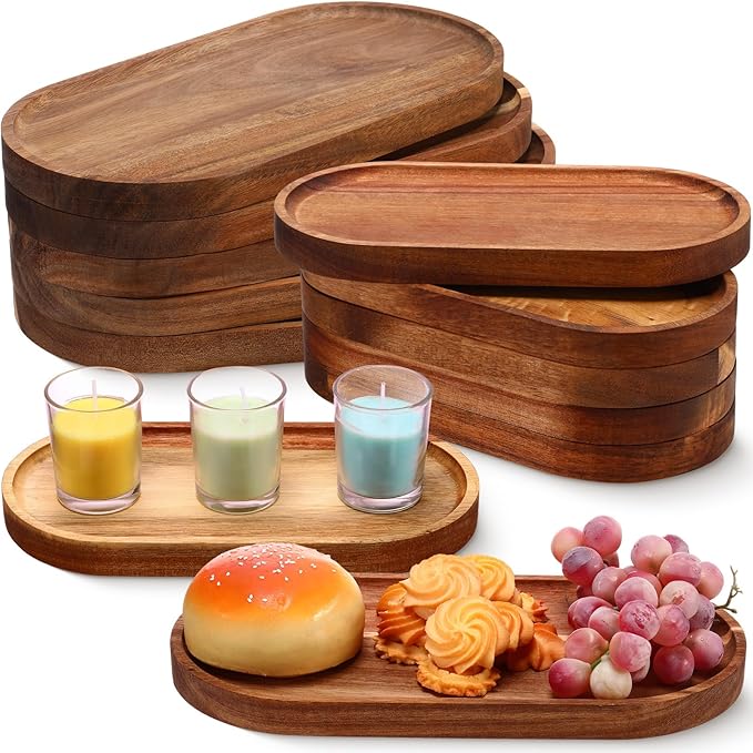 Geetery 12 Pcs Wood Serving Trays 10 and 12 Inch Charcuterie Boards Oval Wooden Plates Serving Platter Cheese Dinner Plates Bulk for Dessert Snack Bread Fruit Appetizer Dishes(Acacia Wood)