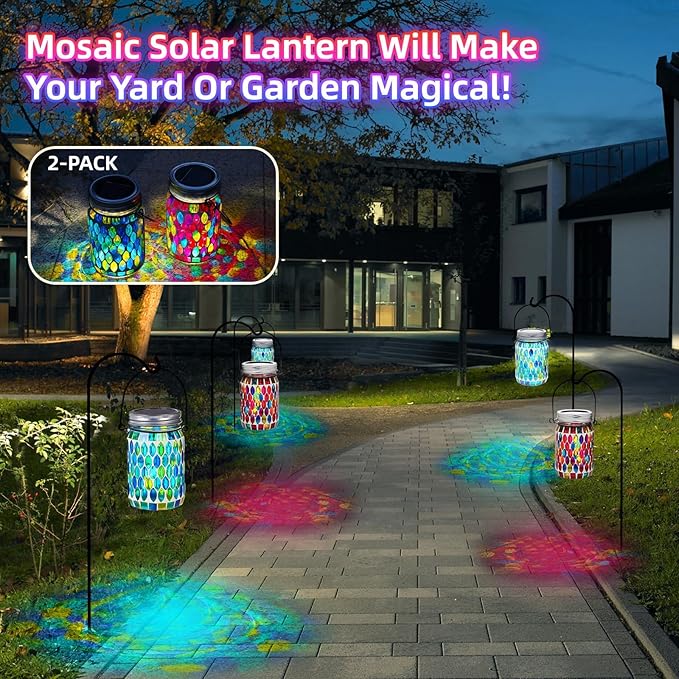 VOREEN Solar Powered Mosaic Mason Jar Lights, Colorful Stained Glass Lanterns for Outdoor Garden Decor, 2 Pack