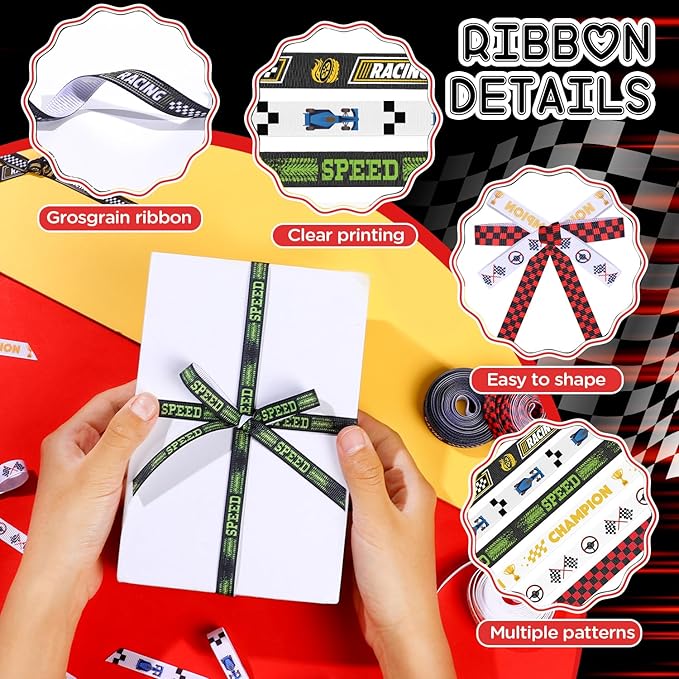 6 Pieces Racing Ribbon 3/8 Inch x 30 Yards Grosgrain Ribbons Checkered Flag Race Car Patterns Ribbon Motorsport Gift Wrapping Ribbons for Sports Awards Party Decoration Racing Events