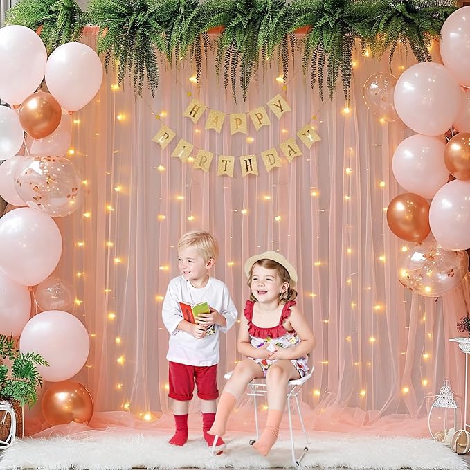 30x8ft Peach Tulle Backdrop Curtain with Lights String for Parites, Sheer Photo Backdrop Curtains for Easter Wedding Baby Shower Birthday Party Photo Shoot Decorations