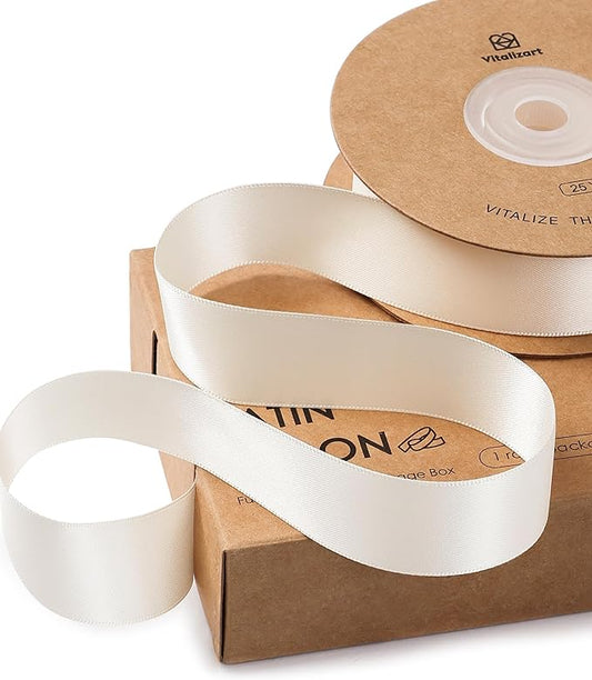 Vitalizart White Ribbon for Gift Wrapping 1" x 25Yd Double Face Continuous Functional Satin Ribbon for Crafts Silk Like Fabric Flower Bouquet Birthday Party Bridal Shower Wreath Hair Ivory Cream