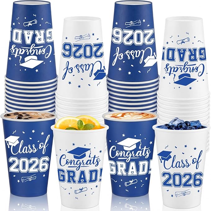 LemonRoad 60 Pcs 12 oz Graduation Paper Cups 2026 Blue and White Graduation Decorations Class of 2026 Grad Cups Congrats Grad Party Disposable Tablewares for School Party Supplies Home